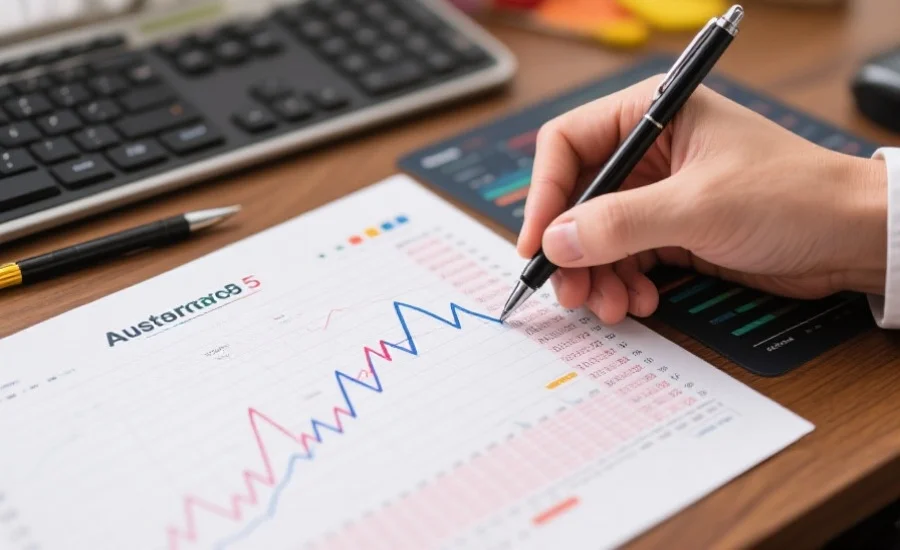 分析人员在用笔标记澳洲幸运5走势图上的趋势线，画面聚焦在数据波动的部分，桌面上有数据分析工具