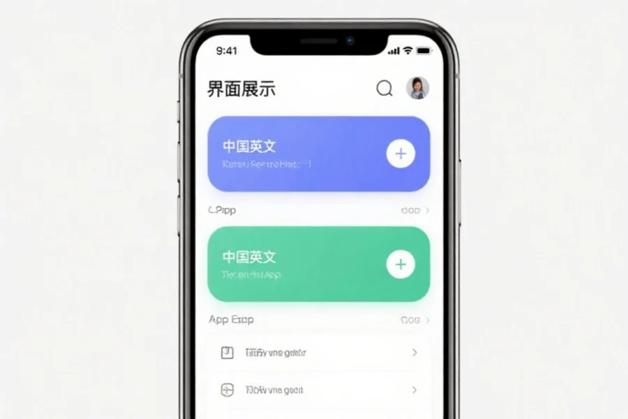 多语种界面展示在同一个手机屏幕上，显示中英文切换的App界面