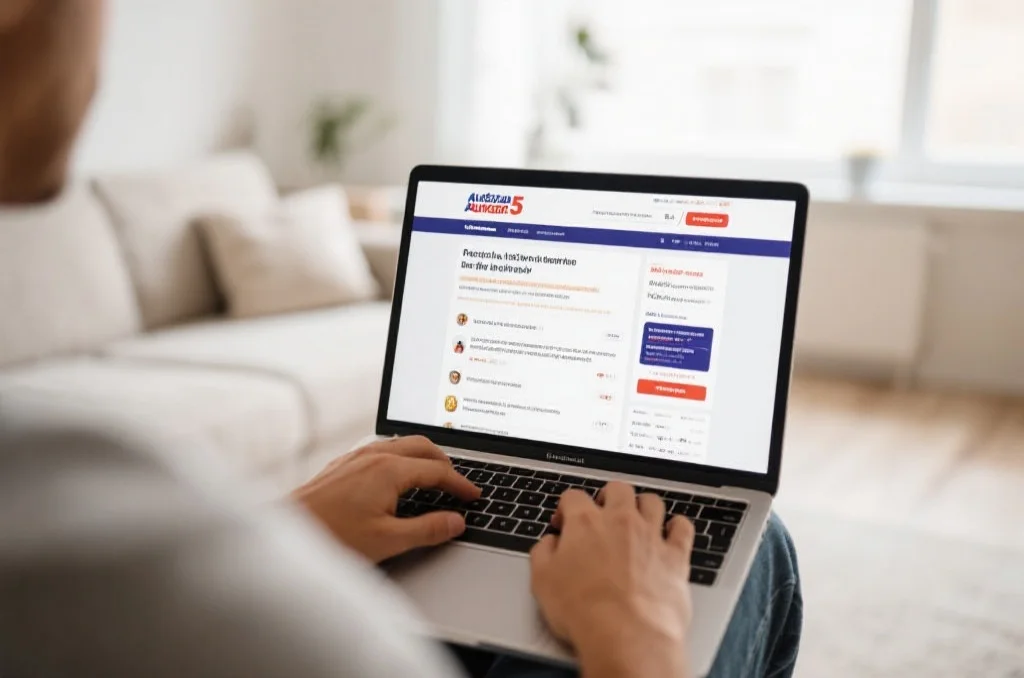 一个人在家中用笔记本电脑浏览澳洲幸运5官方网站，屏幕上显示信息页面，环境明亮整洁