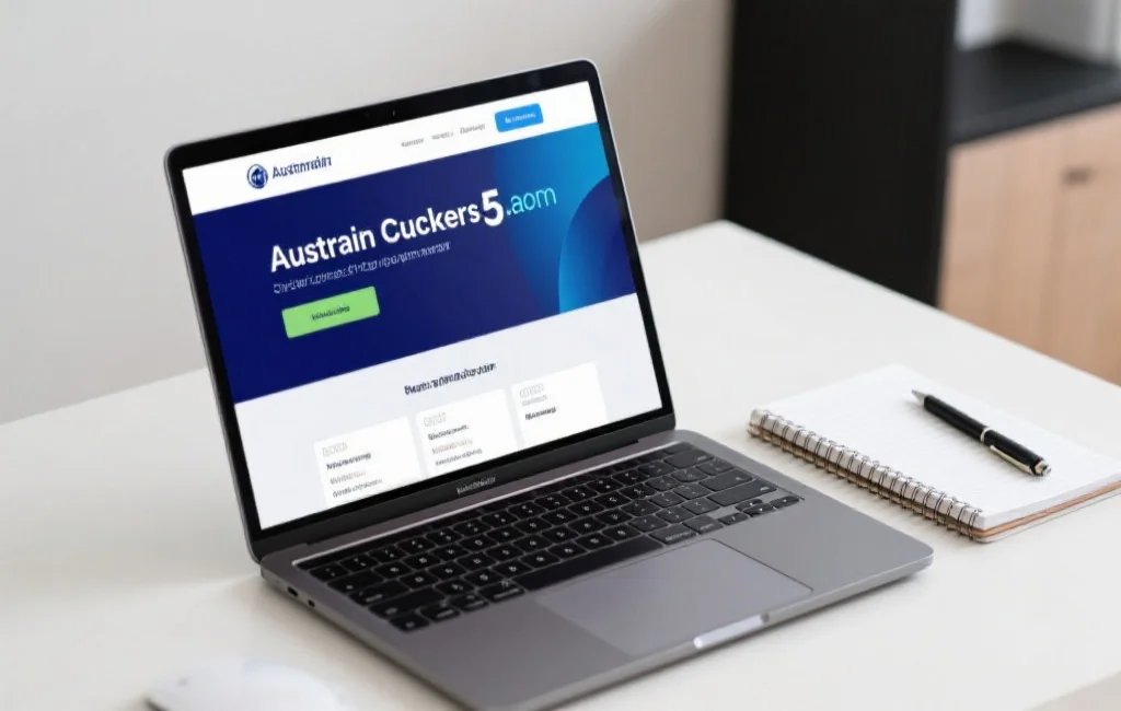 一台笔记本电脑显示澳洲幸运5官方网站主页，桌面整洁，旁边有记事本和笔，体现专业信息查阅场景