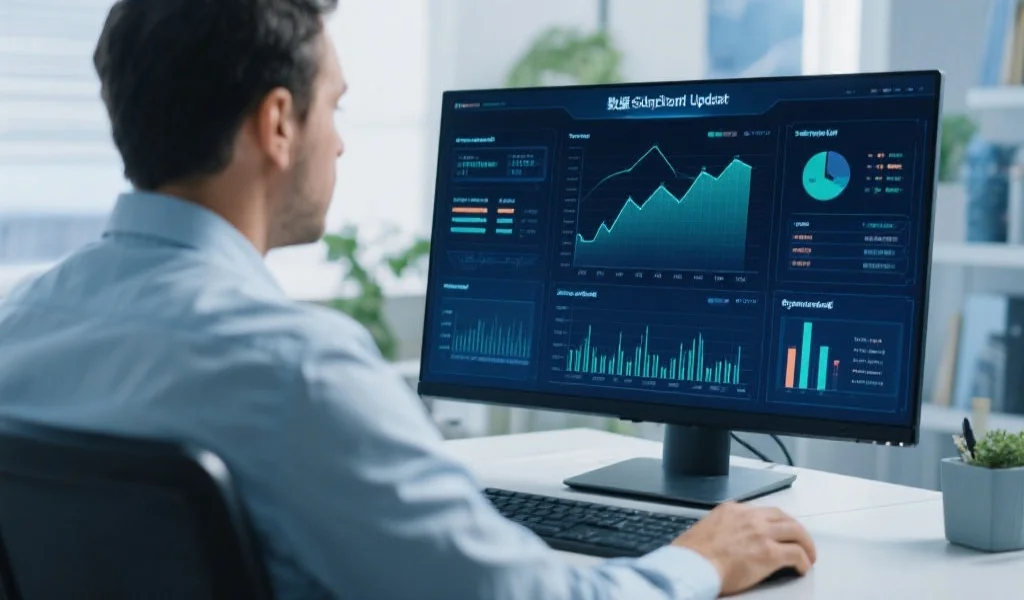 一位专业的技术人员正坐在电脑前，屏幕上显示着数据同步和更新的动态图表，环境现代化